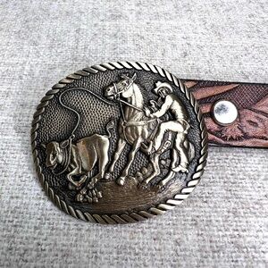 VTG childs Award Design Medals brass buckle, calf roping, w/ tooled leather belt